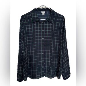 J Crew Black Green Windowpane Plaid Button Up Long Sleeve Blouse-Women’s XL-Prep